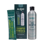 Shampoo Powder Packet & Re-usable Dog Shampoo Bottle beside box of Alzoo Shampoo Kit Box Vanilla Scent