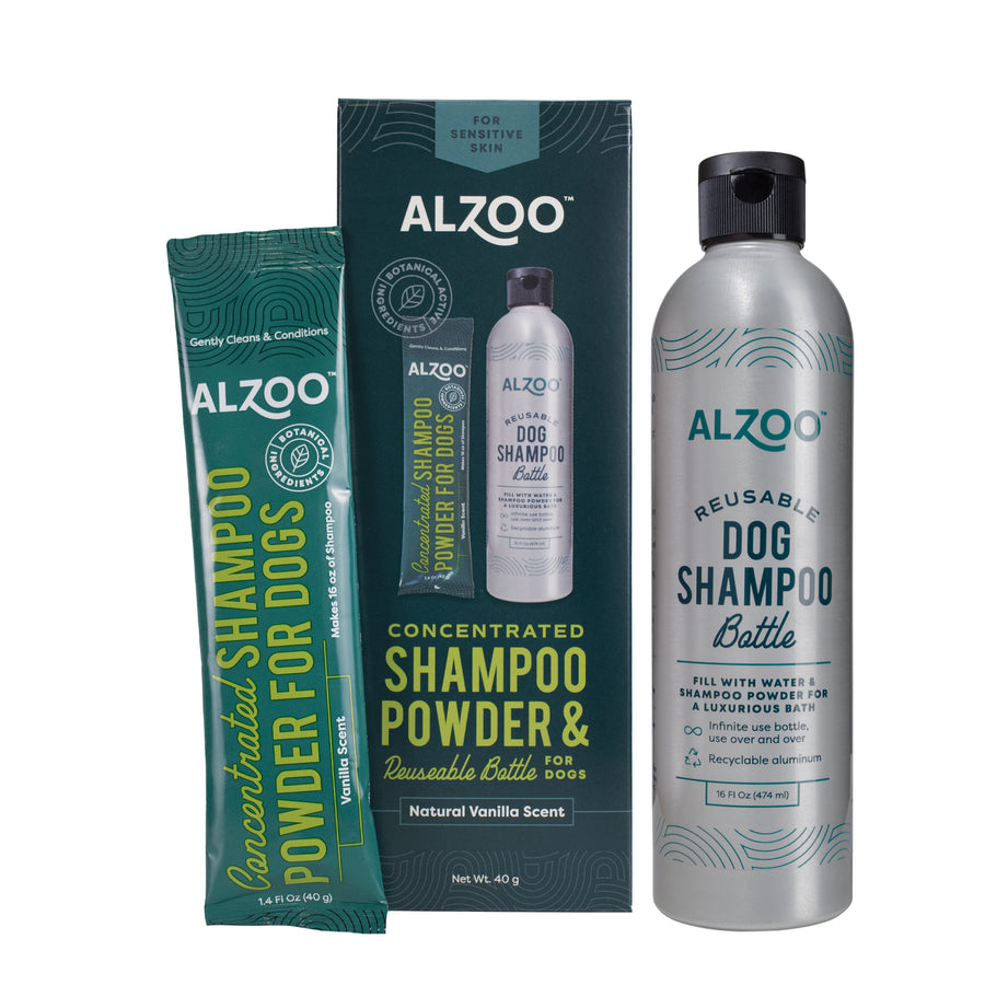 Shampoo Powder Packet & Re-usable Dog Shampoo Bottle beside box of Alzoo Shampoo Kit Box Vanilla Scent