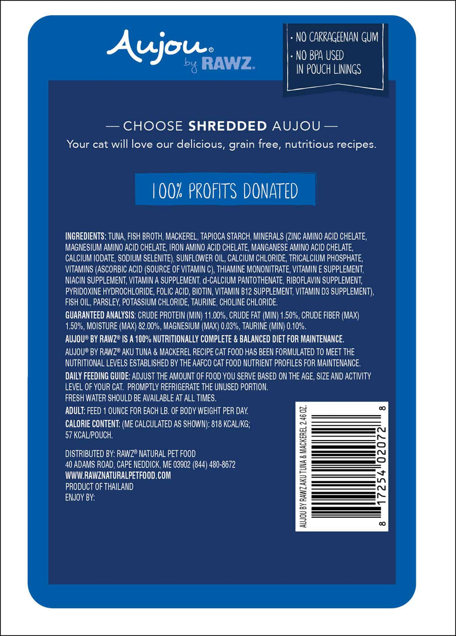Aujou Aku Tuna & Mackerel Recipe Cat Food back of pouch.
