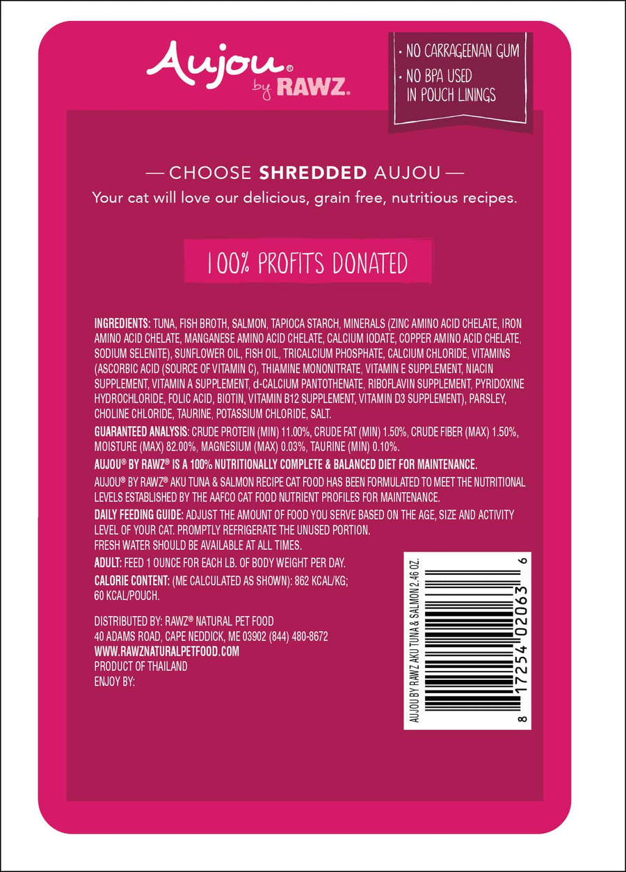 Aujou Aku Tuna & Salmon Recipe Cat Food back of pouch.