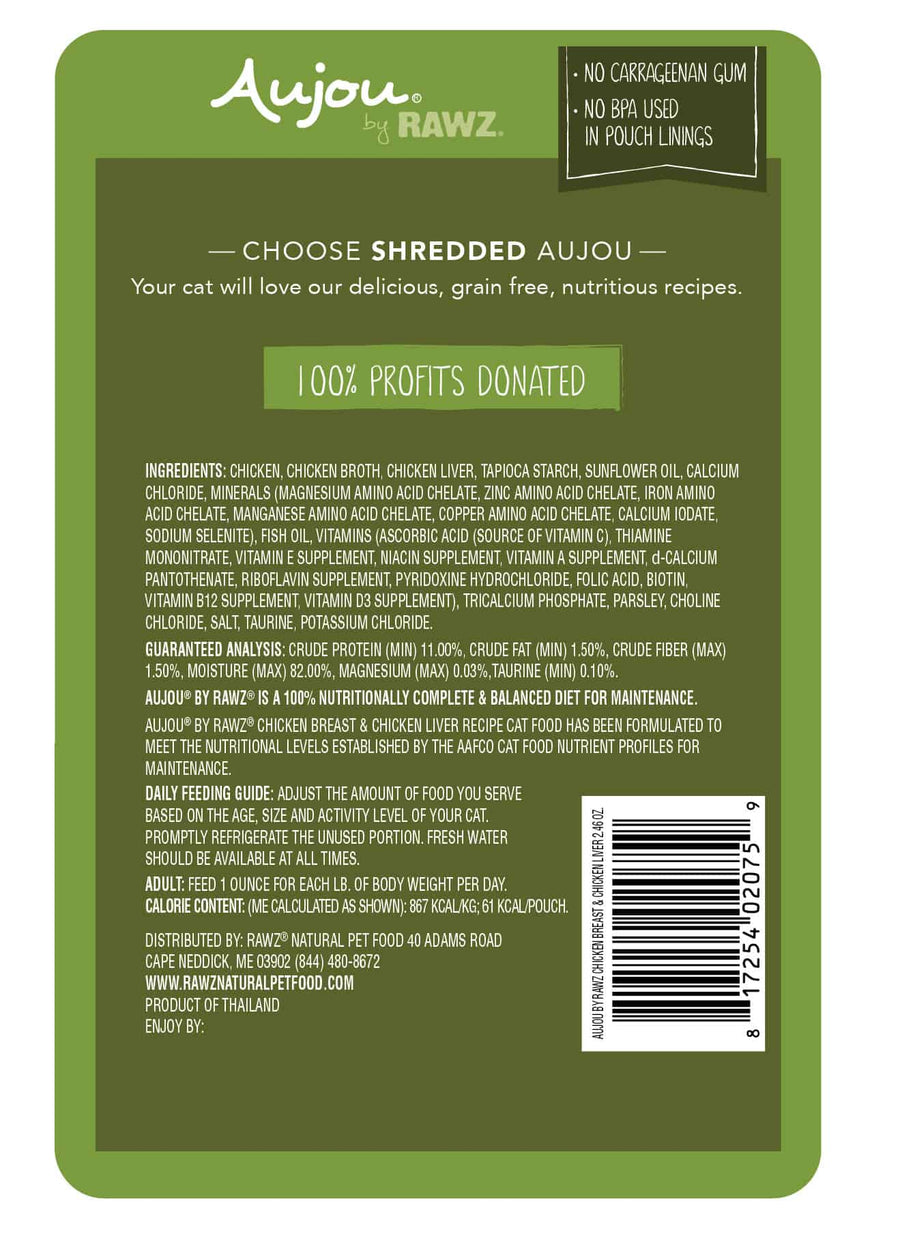 Aujou Chicken Breast & Chicken Liver Recipe Cat Food back of pouch.