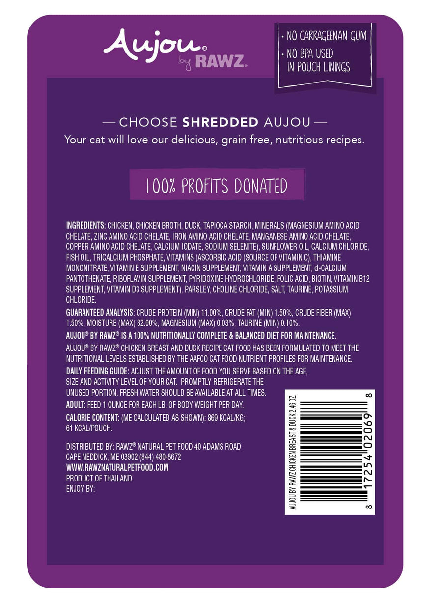 Aujou Chicken Breast & Duck Recipe Cat Food back of pouch.