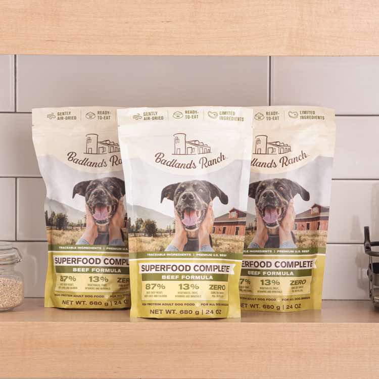 3 pouches of Badlands Ranch Air-Dried Superfood Complete Beef Formula Dog Food 24oz