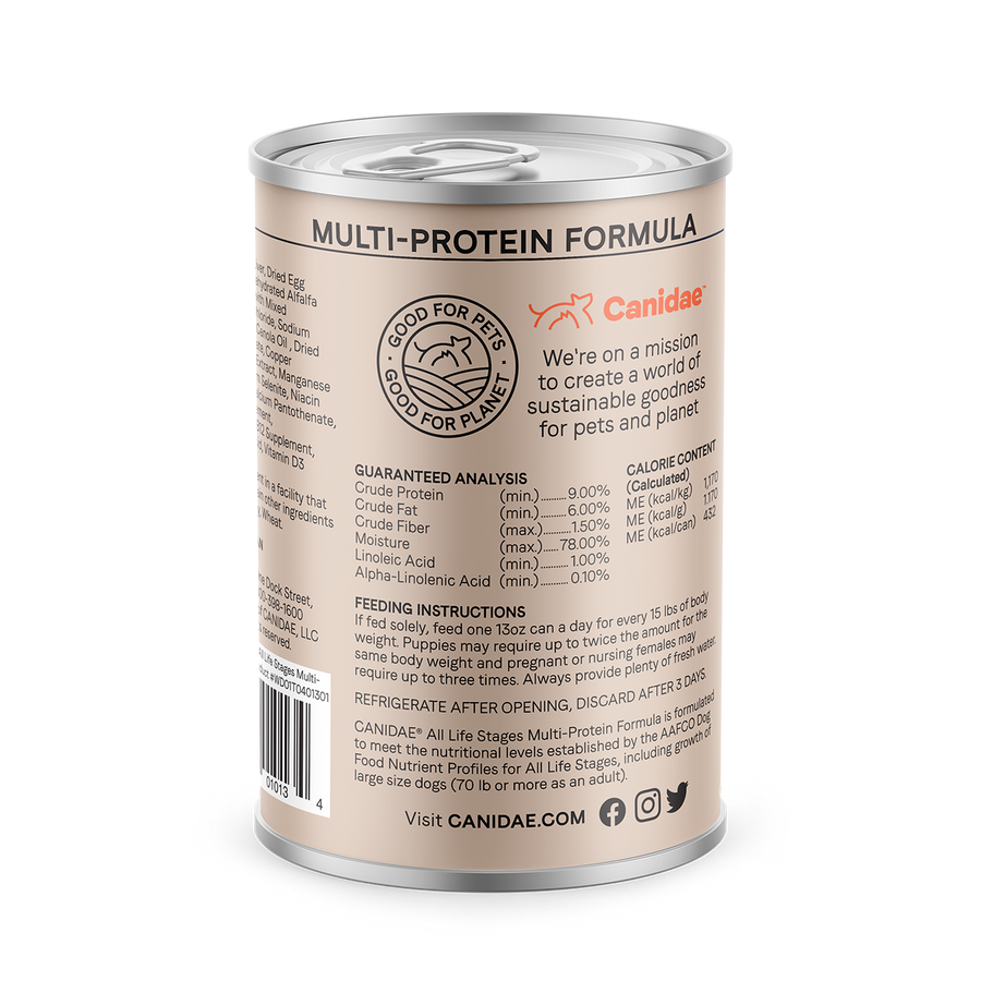 Back Can of Canidae All Life Stages Multi-Protein Chicken, Lamb and Fish Canned Dog Food