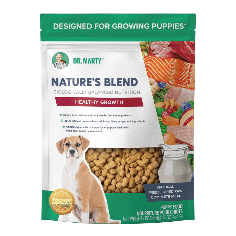 Front pouch of Dr. Marty Nature's Blend Healthy Growth Freeze-Dried Puppy Dog Food 16oz