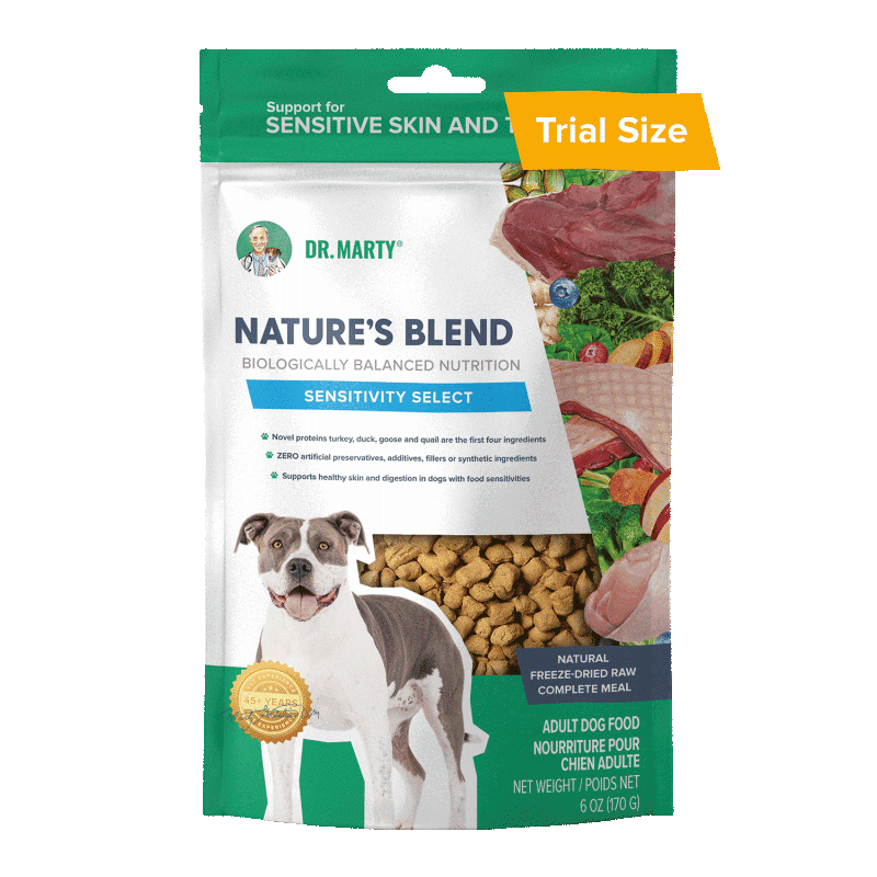 Front pouch of Dr. Marty Nature's Blend Sensitivity Select Freeze-Dried Dog Food 6oz