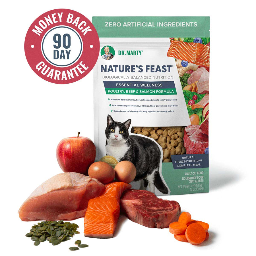 90 Days money back guarantee for Dr. Marty Nature's Feast Essential Wellness Poultry, Beef & Salmon Formula Freeze-Dried Cat Food