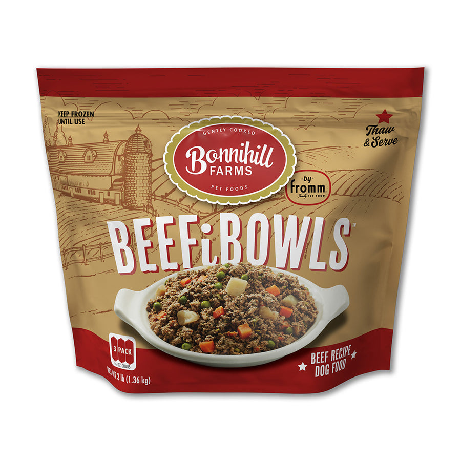 Front pouch of Fromm Bonnihill Farms Beefibowls Frozen Dog Food 3lb