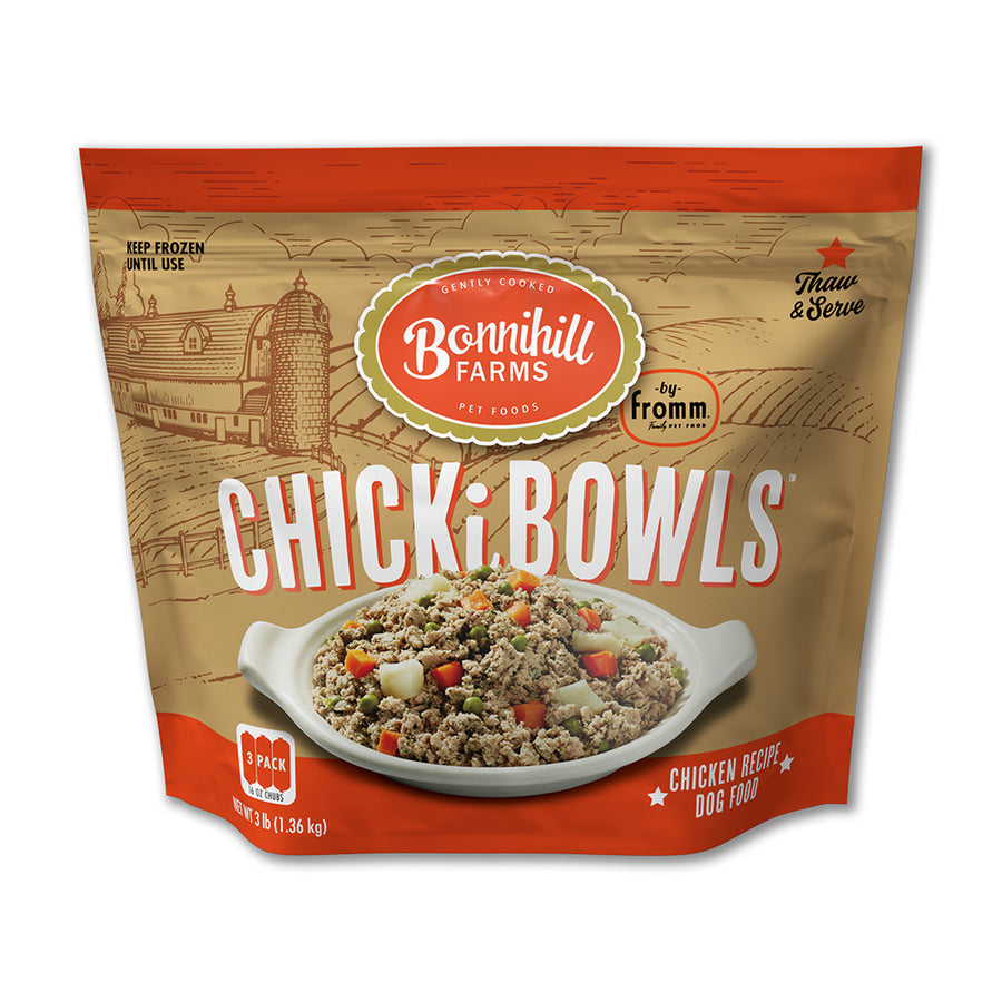 Front pouch of Fromm Bonnihill Farms Chickibowls Frozen Dog Food 3lb