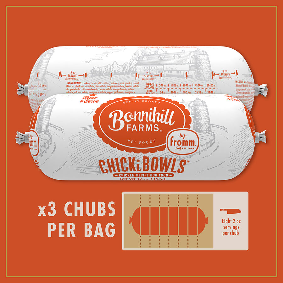 x3 chubs per bag and serving size recommendation of Fromm Bonnihill Farms Chickibowls Frozen Dog Food