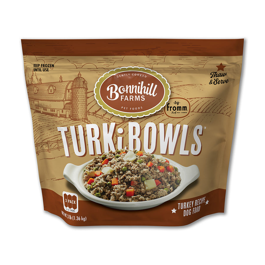 Front Pouch of Fromm Bonnihill Farms Turkibowls Frozen Dog Food 3lb