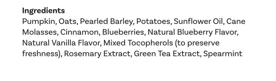 Ingredients list for Fruitables Baked Dog Treats Pumpkin & Blueberry.