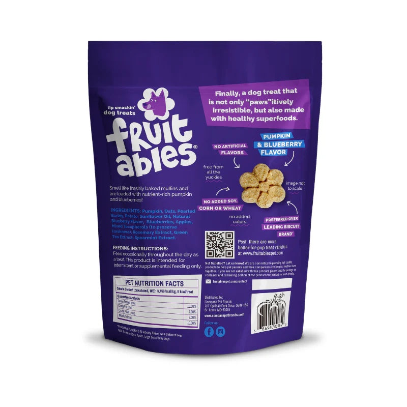Fruitables Baked Dog Treats Pumpkin & Blueberry back of bag.