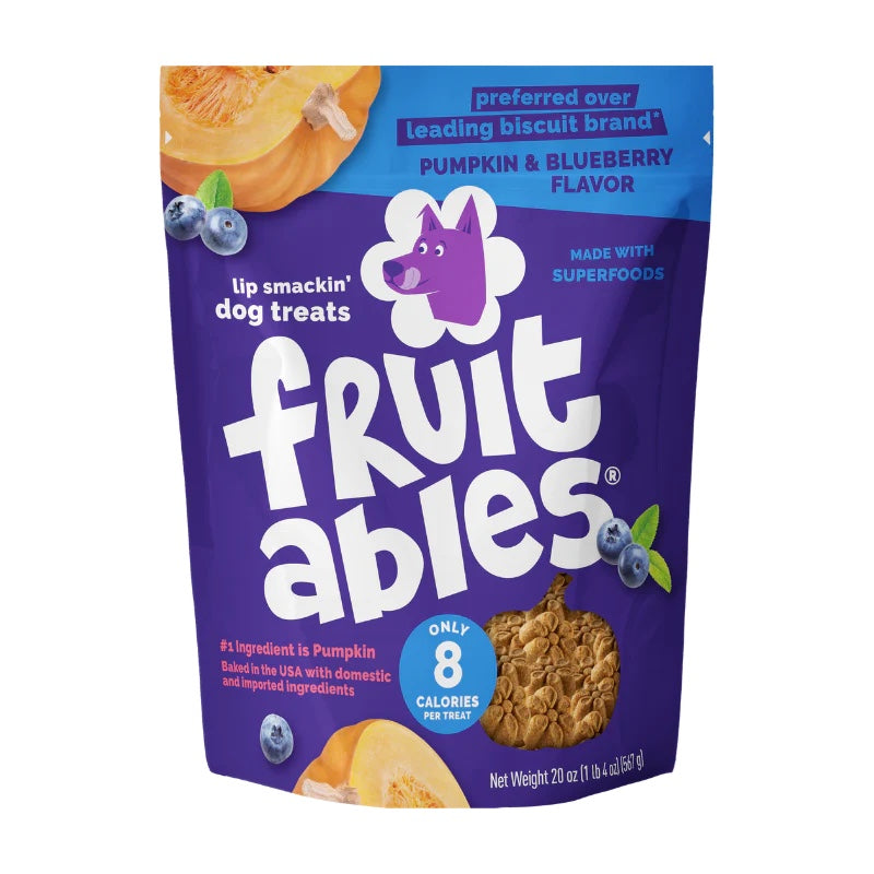 Fruitables Baked Dog Treats Pumpkin & Blueberry front of bag.