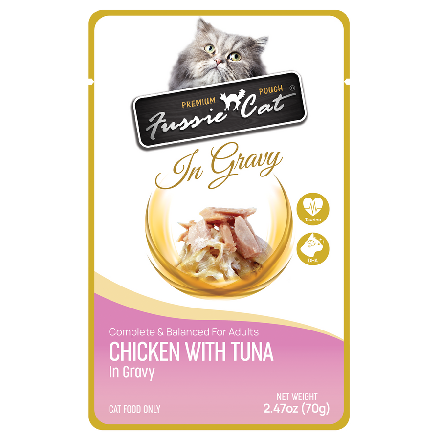 Front pouch of Fussie Cat Chicken with Tuna in Gravy Cat Food Pouch 2.47oz