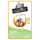 Front pouch of Fussie Cat Mackerel in Gravy Cat Food Pouch 2.47oz