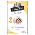 Front pouch of Fussie Cat Tuna with Chicken in Aspic Cat Food Pouch 2.47oz