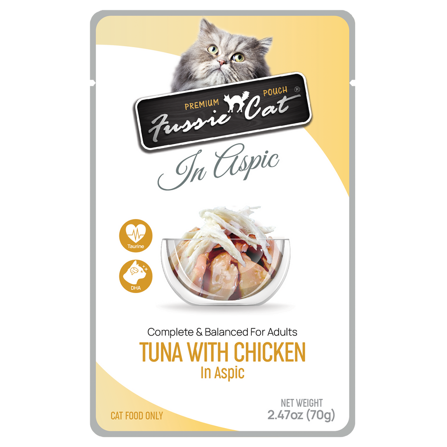 Front pouch of Fussie Cat Tuna with Chicken in Aspic Cat Food Pouch 2.47oz
