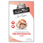 Front pouch of Fussie Cat Tuna with Ocean Fish in Aspic Cat Food Pouch 2.47oz