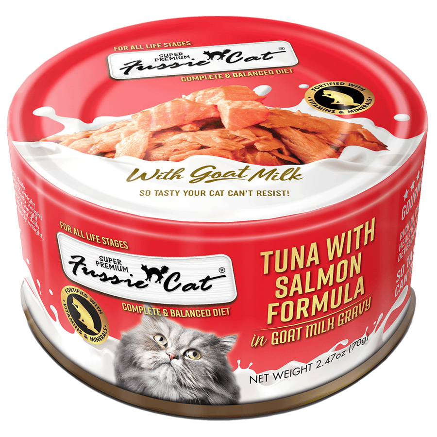 Front can of Fussie Cat Tuna with Salmon Formula in Goat Milk Gravy Cat Food 2.47oz