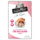 Front pouch of Fussie Cat Tuna with Salmon in Aspic Cat Food Pouch 2.47oz