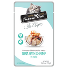 Front pouch of Fussie Cat Tuna with Shrimp in Aspic Cat Food Pouch 2.47oz