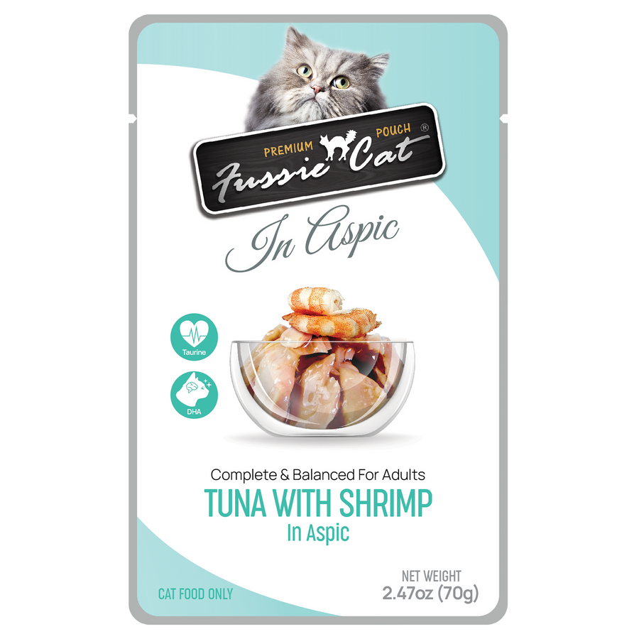 Front pouch of Fussie Cat Tuna with Shrimp in Aspic Cat Food Pouch 2.47oz