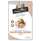 Front pouch of Fussie Cat Tuna with Small Anchovies in Aspic Cat Food Pouch 2.47oz