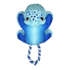 KONG Cozie Tuggz Frog dog toy in blue tones. The plush toy has a bright blue body with dark blue spots, a soft furry texture on its limbs, and round black eyes. A durable twisted rope handle in blue and white extends from the bottom, designed for interactive tugging play.