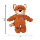 A KONG Wild Knots Fox Dog Toy, measuring 8.5 inches in height and 7.5 inches in width. The plush fox toy has an orange fur exterior with a white muzzle, inner ears, and tail tip. It features a smiling expression and stitched patch details on the body and limbs, giving it a rustic look. Designed for durability, the toy includes an internal knotted rope structure while maintaining a soft plush exterior for comfort during play and cuddles.
