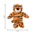 KONG Wild Knots Tiger Dog Toy, measuring approximately 8 inches in height and 7 inches in width. The plush toy is designed to resemble a tiger with an orange body, black stripes, and a white muzzle. It features black embroidered eyes, a black nose, and a friendly smile. The toy has soft ears with white inner details and fabric patches in blue and yellow stitched onto its body and limbs. Its internal knotted rope structure provides durability, and a squeaker is included for interactive play.