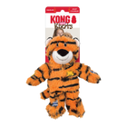 KONG Wild Knots Tiger Dog Toy in its original packaging, featuring a plush orange and black-striped tiger with a white muzzle and black nose. The toy has stitched black eyes, soft ears with white inner details, and a friendly smile. It includes decorative fabric patches in blue and yellow on its body and limbs. Designed with an internal knotted rope structure for durability, the plush toy also contains a squeaker. The toy's fluffy texture and lifelike tiger pattern make it visually appealing for pets.
