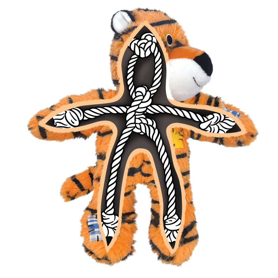 KONG Wild Knots Tiger Dog Toy with an internal knotted rope skeleton illustration overlay. The plush tiger toy has an orange body with black stripes, a white muzzle, and a black nose. The overlay reveals a durable knotted rope structure inside the toy, extending through its arms, legs, and body for added durability. The toy also features stitched fabric patches in blue and yellow for a playful, rugged look.