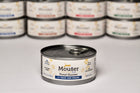 Mouser Pond Hunter Canned Cat Food. With Duck & Mouse, other flavors visible in background. Gluten Free, BPA Free Can, No Thickener