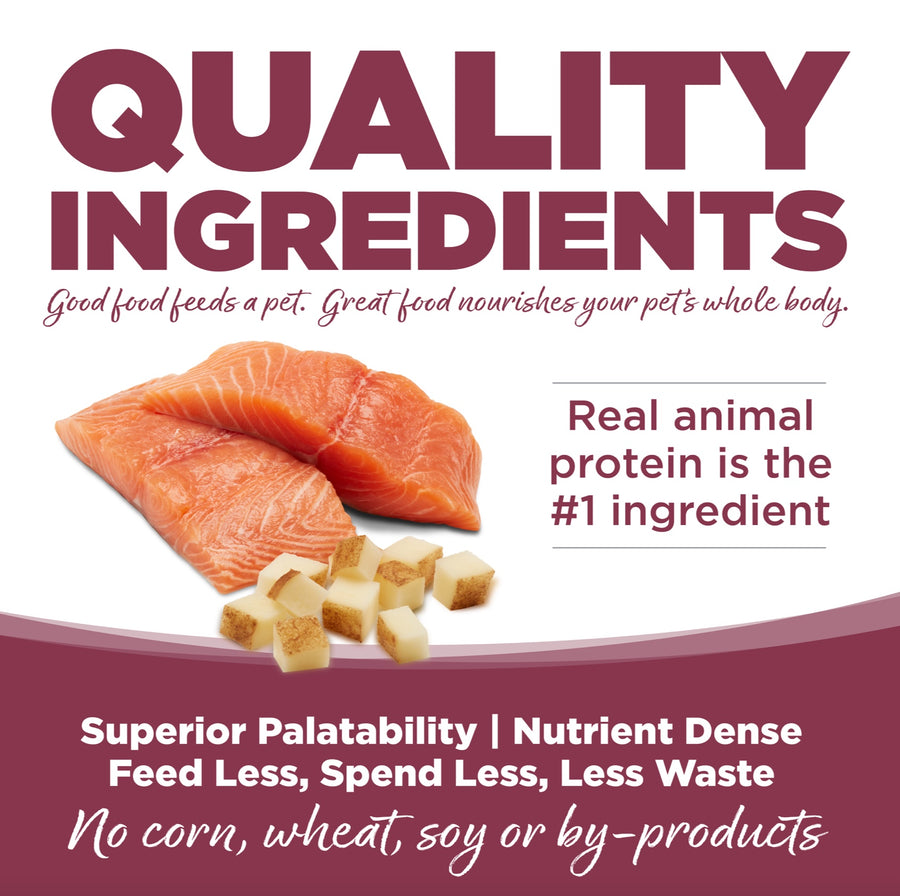 Quality Ingredients. Superior palatability, nutrient dense, feed less, spend less, less waste. No corn, wheat, soy or by-products.