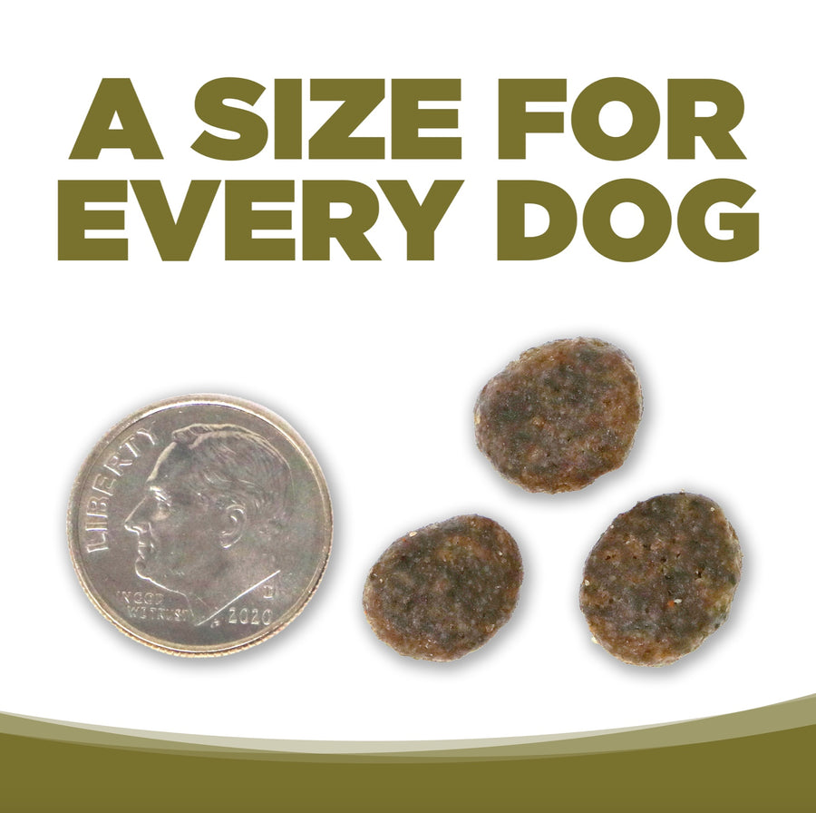 A size for every dog. Kibble approximately 2/3rds size of a dime.