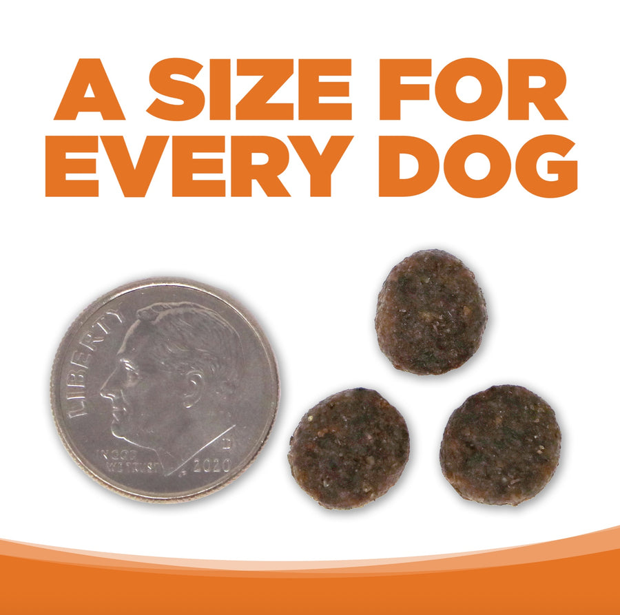 A size for every dog. Kibble approximately 2/3rds size of a dime.