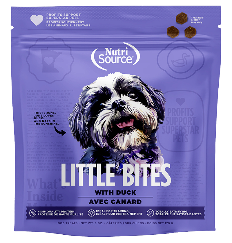 NutriSource Little Bites Duck Flavor Dog Treats Front of package.