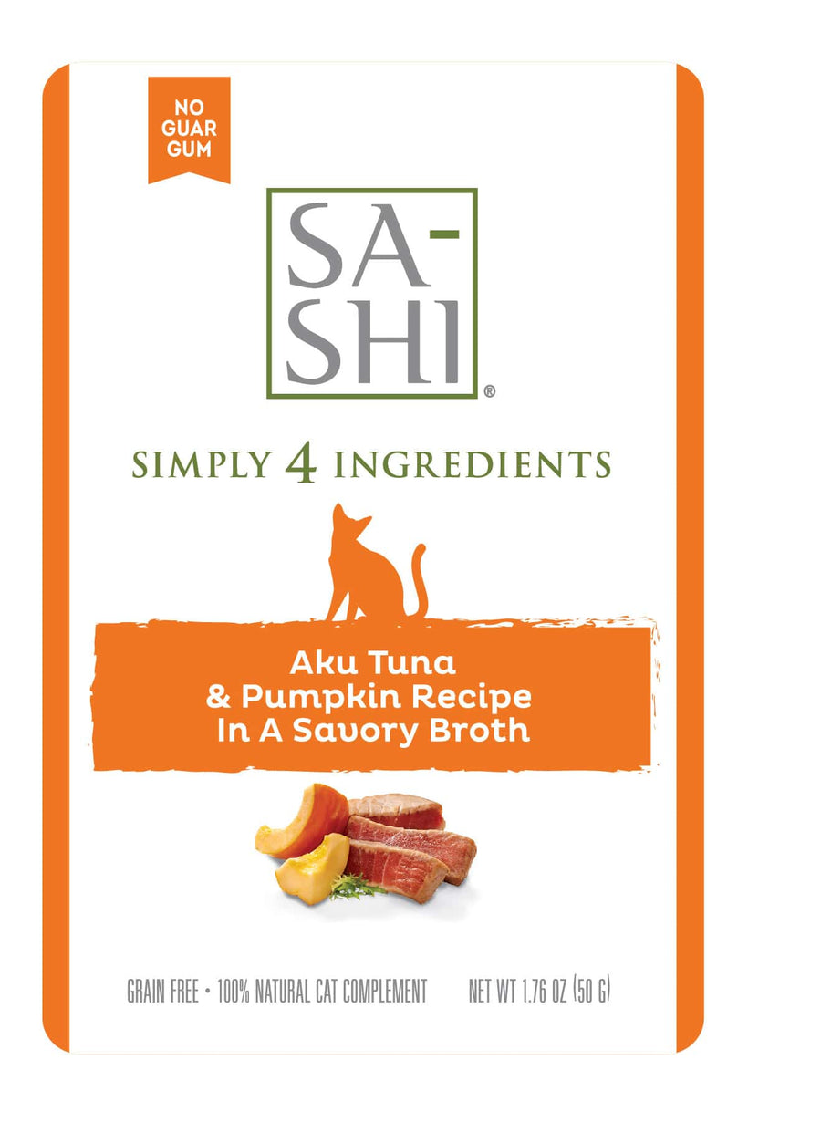 Front label of Sa-Shi Tuna & Pumpkin Recipe Cat Food Pouch 50g