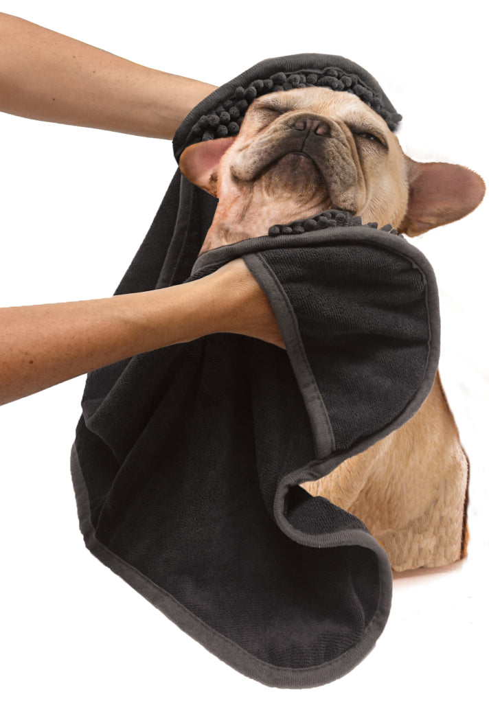 Dog being dried off with product towel, Spot Clean Paws Micro Fiber Towel.
