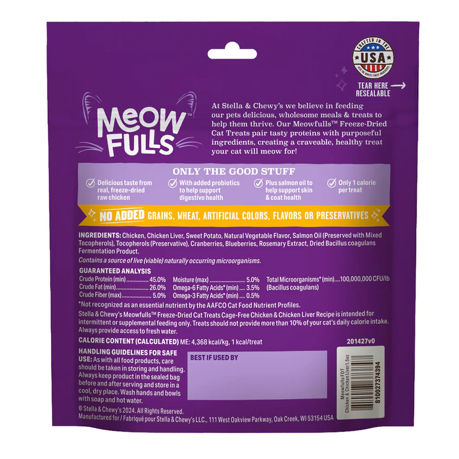 Back pouch of Stella & Chewy's Meow Fulls Freeze Dried Raw Chicken & Chicken Liver Recipe Cat Treats 1.5oz