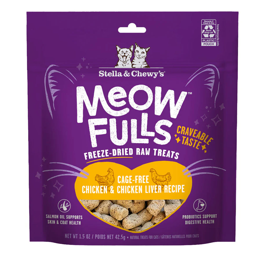 Front Pouch of Stella & Chewy's Meow Fulls Freeze Dried Raw Chicken & Chicken Liver Recipe Cat Treats 1.5oz
