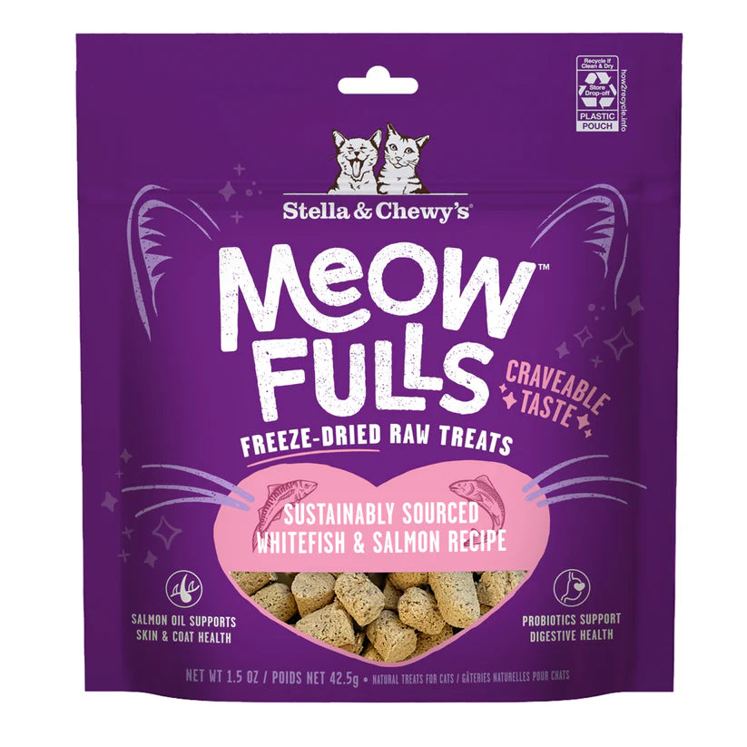 Front pouch of Stella & Chewy's Meow Fulls Freeze Dried Raw Whitefish & Salmon Recipe Cat Treats 1.5oz