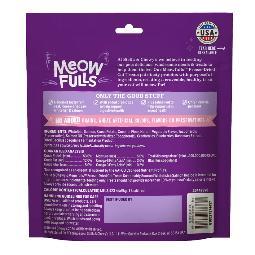 Back pouch of Stella & Chewy's Meow Fulls Freeze Dried Raw Whitefish & Salmon Recipe Cat Treats