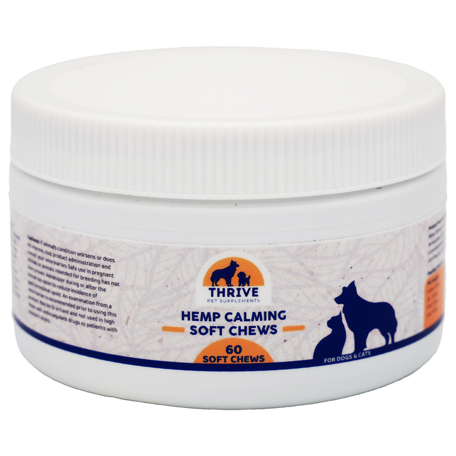 Front Container of Thrive Pet Supplements Hemp Calming Soft Chews for Dogs and Cats 60 CT