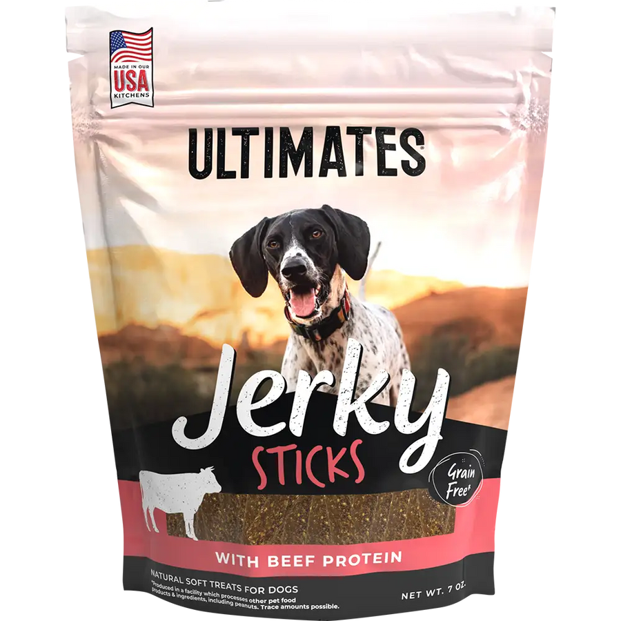 Front pouch of Ultimates Jerky Sticks with Beef Dog Treats 7oz
