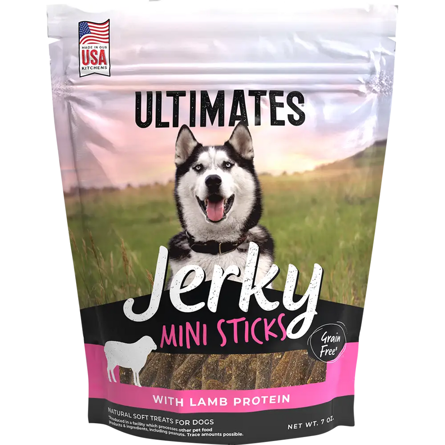 Front pouch of Ultimates Jerky Mini Sticks with Lamb Dog Treats 7oz