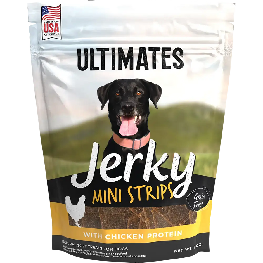 Front pouch of Ultimates Jerky Mini Strips with Chicken Dog Treats 7oz