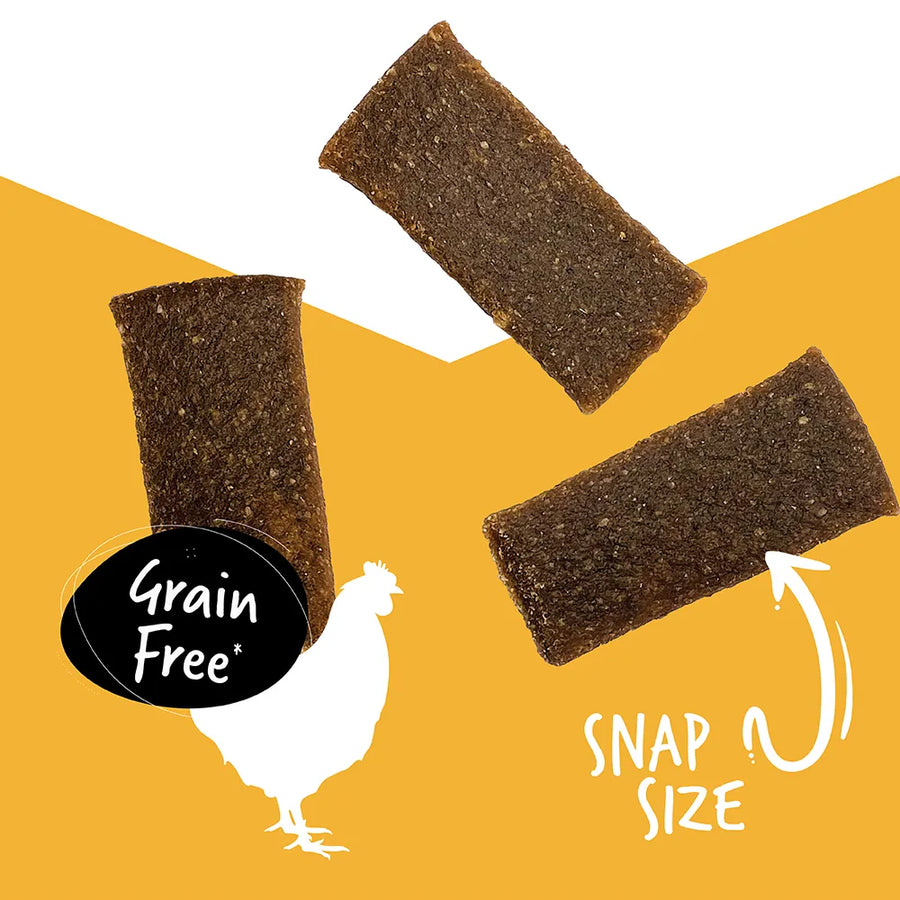 Snap size of Ultimates Jerky Mini Strips with Chicken Dog Treats grain-free