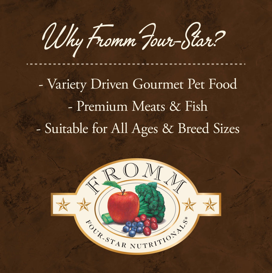 Why Fromm Four-Star?
* Variety Driven Gourmet Pet Food
* Premium Meats & Fish
* Suitable for All Aged & Breed Sizes